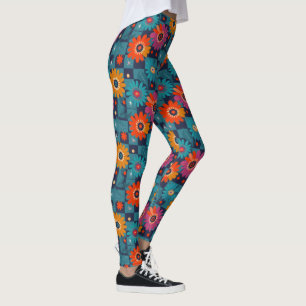 Vibrant Retro Floral Pattern with Teal Squares Leggings
