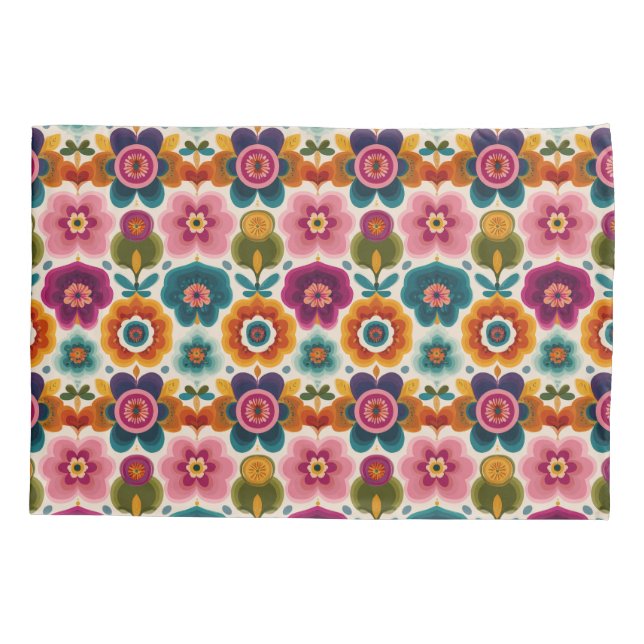 Vibrant RETRO Folk Art Flowers BOHO Floral Pattern Pillowcase (Back)