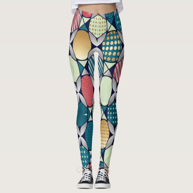 Vibrant Retro-Geometric Circle Fusion Leggings (Front)