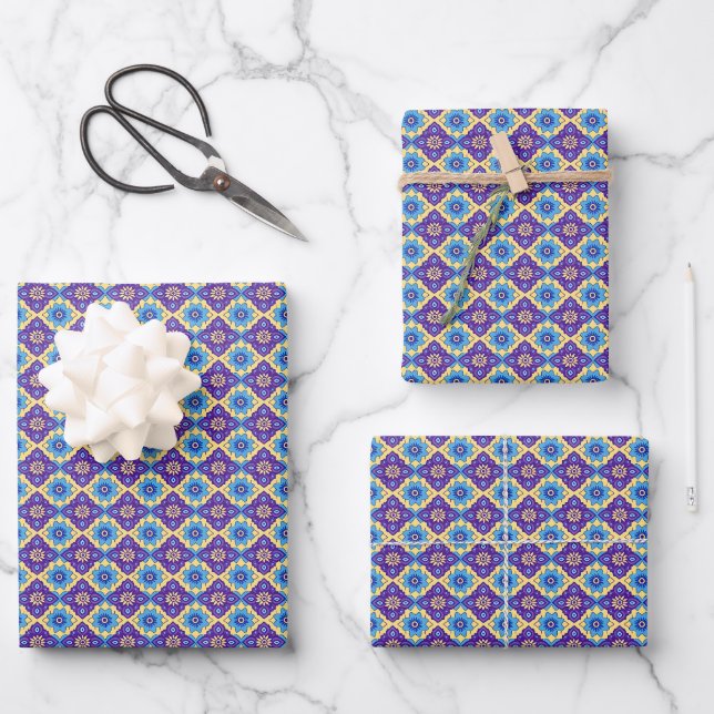 Vibrant Retro Geometric Floral Pattern Wrapping Paper Sheet (Front)