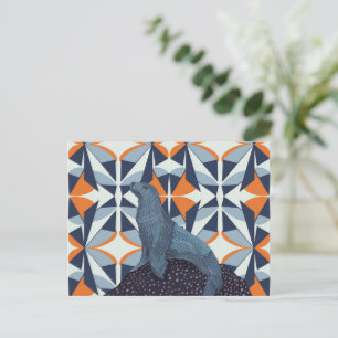 Vibrant Retro Geometric Sea Lion on Rock Postcard