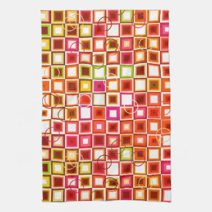 Vibrant Retro Geometric Square Pattern Kitchen Towel