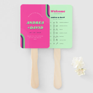 Vibrant Retro Rainbow Hot Pink 70s Wedding Program Hand Fan