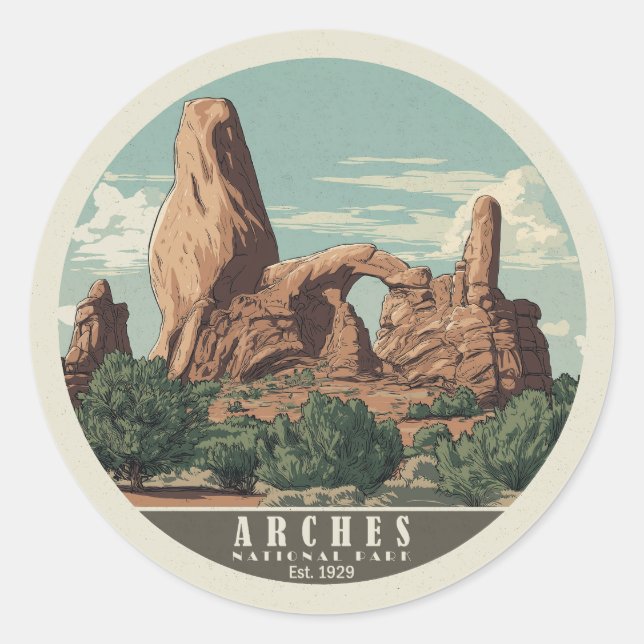 Vibrant Retro-Style Arches National Park  Classic Round Sticker (Front)