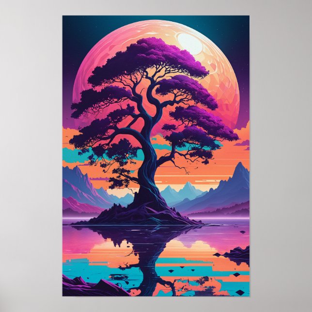 Vibrant Retro Tree Scene – Bold, Colourful Poster (Front)
