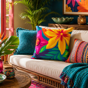 Vibrant Retro Tropical Floral Pop Art Throw Pillow