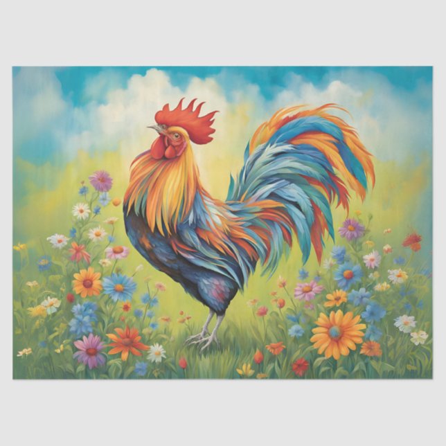 Vibrant Rooster in the Flower Garden Tissue Paper (Front)