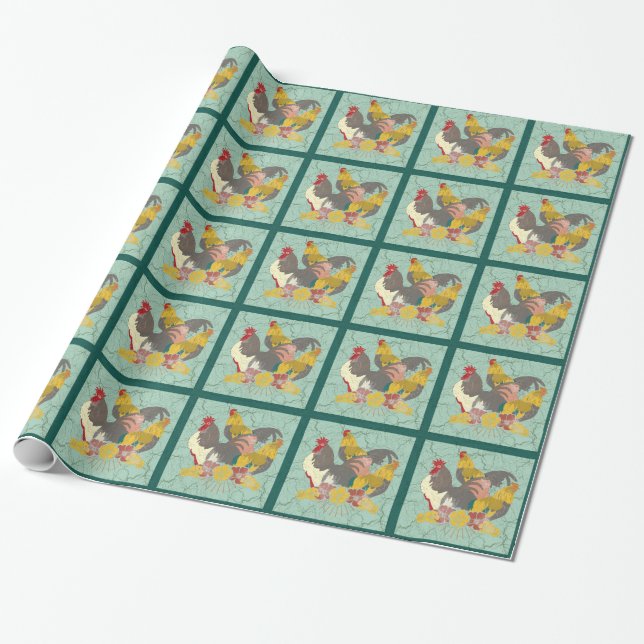 Vibrant Rooster Parade: Colourful Chicken  Wrapping Paper (Unrolled)