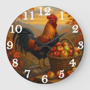 Vibrant rooster with apples farmyard large clock