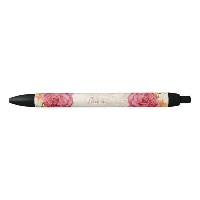 Vibrant Rose, Country Floral Black Ink Pen (Front)