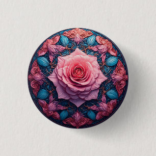 Vibrant Rose in Bloom Surrounded by Ornate Details 1 Inch Round Button