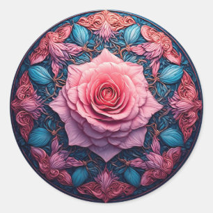 Vibrant Rose in Bloom Surrounded by Ornate Details Classic Round Sticker