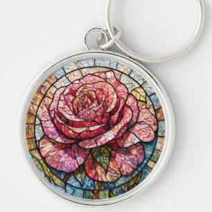 Vibrant Rose in Bloom Surrounded by Ornate Details Keychain