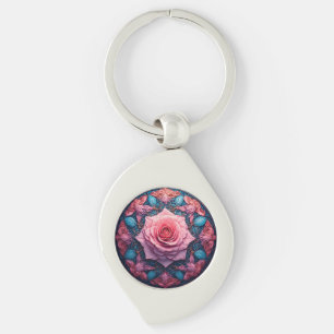 Vibrant Rose in Bloom Surrounded by Ornate Details Keychain