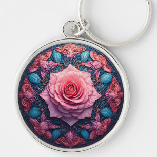 Vibrant Rose in Bloom Surrounded by Ornate Details Keychain