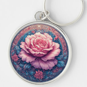 Vibrant Rose in Bloom Surrounded by Ornate Details Keychain