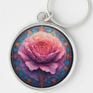 Vibrant Rose in Bloom Surrounded by Ornate Details Keychain