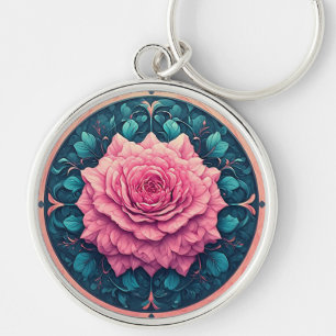 Vibrant Rose in Bloom Surrounded by Ornate Details Keychain