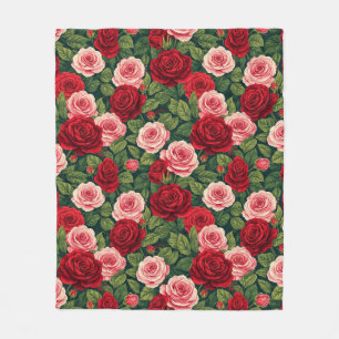 Vibrant Rose Pattern With Red And Pink Roses Fleece Blanket