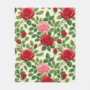 Vibrant Rose Pattern With Red And Pink Roses Fleece Blanket