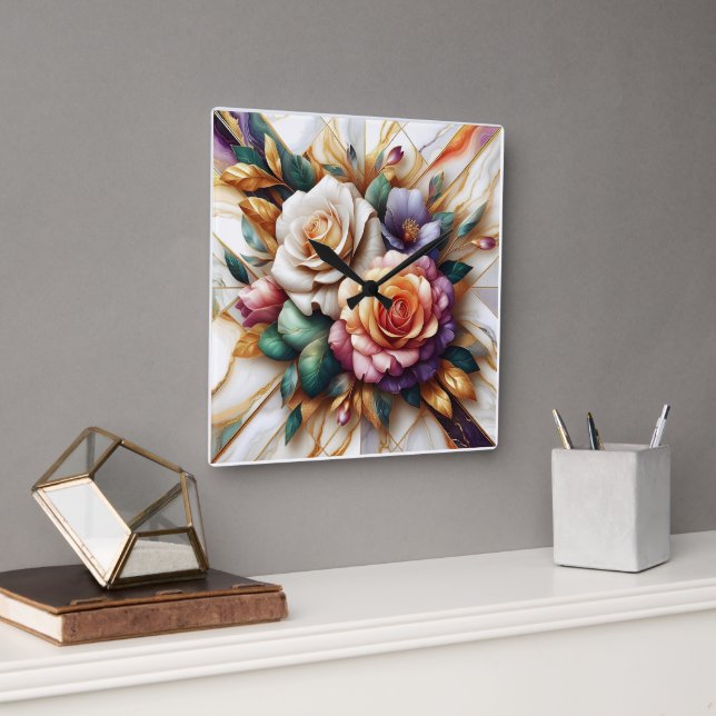 Vibrant Roses With Leaves on a Marble Background Square Wall Clock (Office)