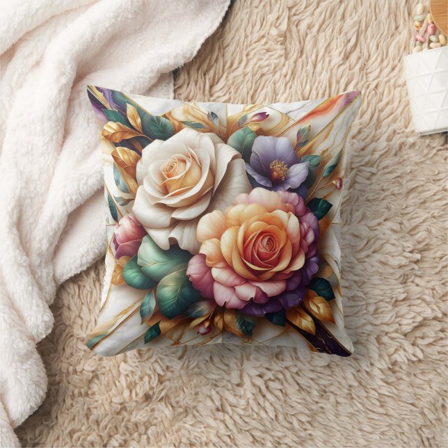 Vibrant Roses With Leaves on a Marble Background Throw Pillow (Blanket)