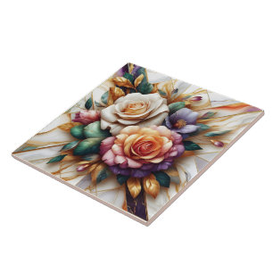 Vibrant Roses With Leaves on a Marble Background Tile