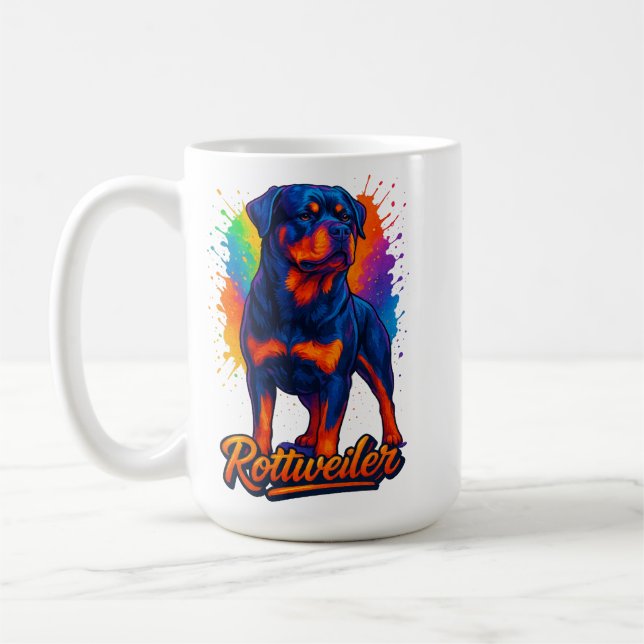 Vibrant Rottweiler Pop Art – Bold Neon Dog Coffee Mug (Left)