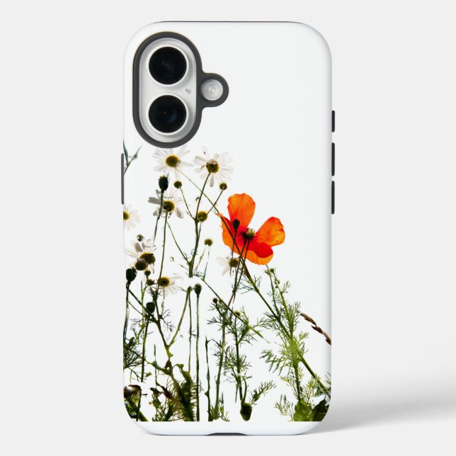 "Vibrant Rouge Floral Design Blanc iPhone 16 Coque (Verso)