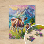 Vibrant Rural Landscape with Cows Jigsaw Puzzle<br><div class="desc">A heartwarming modern impressionist painting of a mother cow and her calf in a serene rural mountain pasture, brought to life with bright, vibrant colours and thick abstract brushstrokes. The dynamic strokes capture the peaceful bond between the animals, while the rich hues of green, blue, and earthy tones create a...</div>