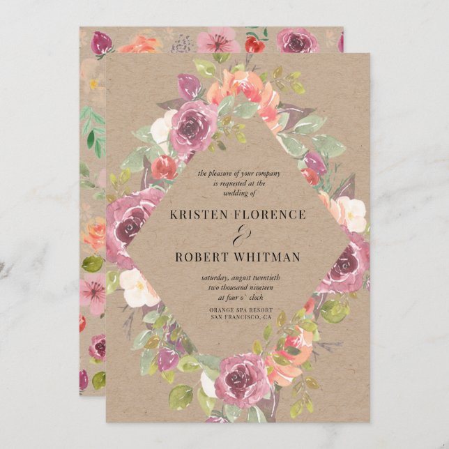 Vibrant Rustic Floral Kraft Wedding Invitation (Front/Back)