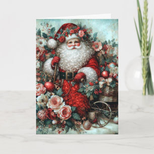 Vibrant Rustic Floral Vintage Santa Holiday Card