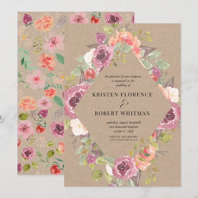Vibrant Rustique Floral Kraft Faire-part de mariag (Devant / Derrière)