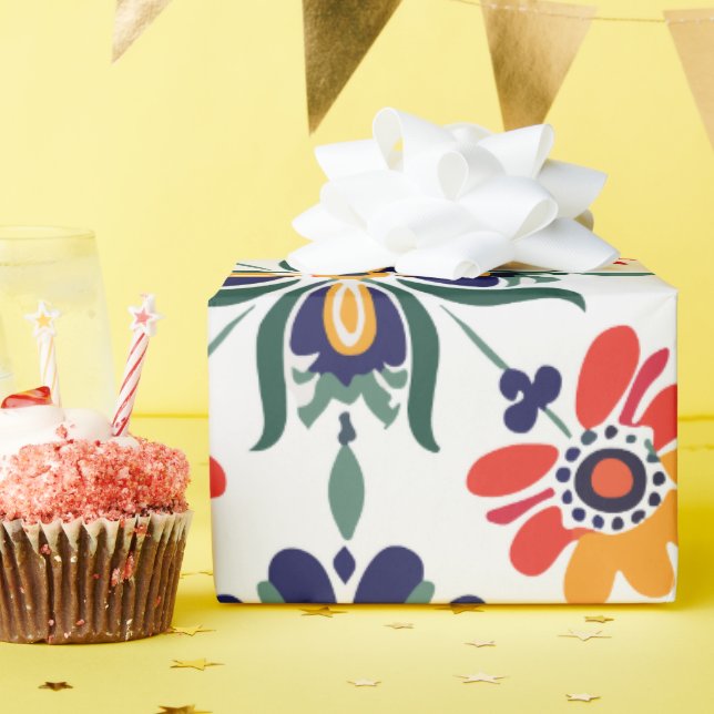 Vibrant Scandinavian Folk Floral Pattern Wrapping  Paper (Birthday Party)
