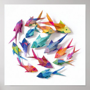 Vibrant School of Origami Fish Pattern Poster