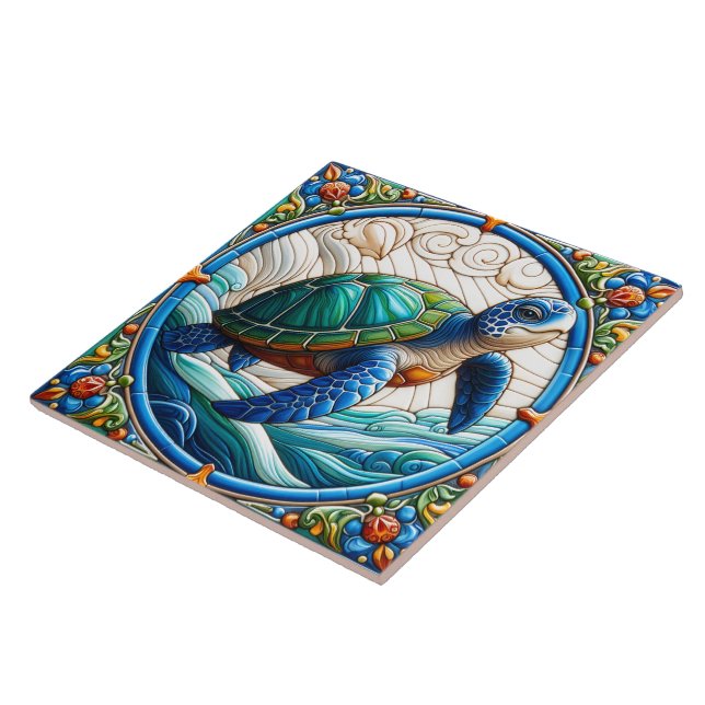 Vibrant Sea Turtle in Colourful Waves Tile (Side)