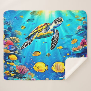 Vibrant Sea Turtle Reef Art Sherpa Blanket