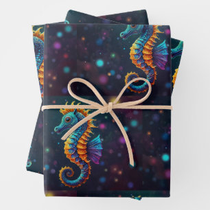 Vibrant Seahorse Parade – Colourful Ocean-Inspired Wrapping Paper Sheet