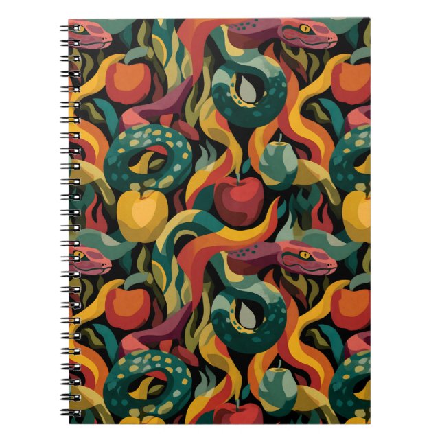 Vibrant Seamless Pattern with Snakes and Apples Notebook (Front)