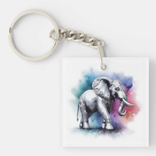 Vibrant Silver Elephant Watercolor Keychain