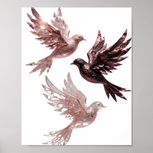 Vibrant Silver ROSE GOLD BIRDS 3D Text Art Poster