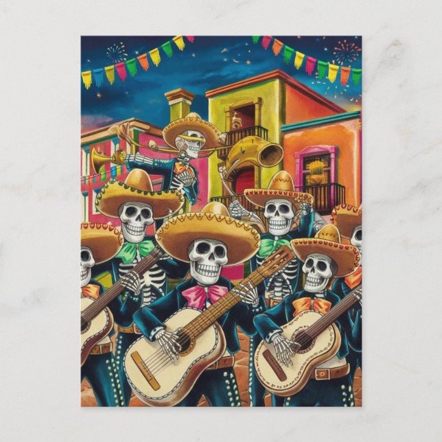 Vibrant Skeleton Mariachi Band Día de Los muertos Holiday Postcard (Front)