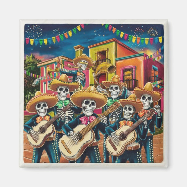 Vibrant Skeleton Mariachi Band Día de Los muertos Magnet (Front)