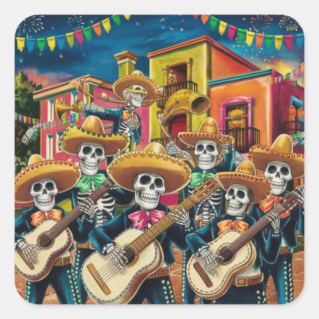 Vibrant Skeleton Mariachi Band Día de Los muertos Square Sticker (Front)