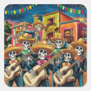 Vibrant Skeleton Mariachi Band Día de Los muertos Square Sticker