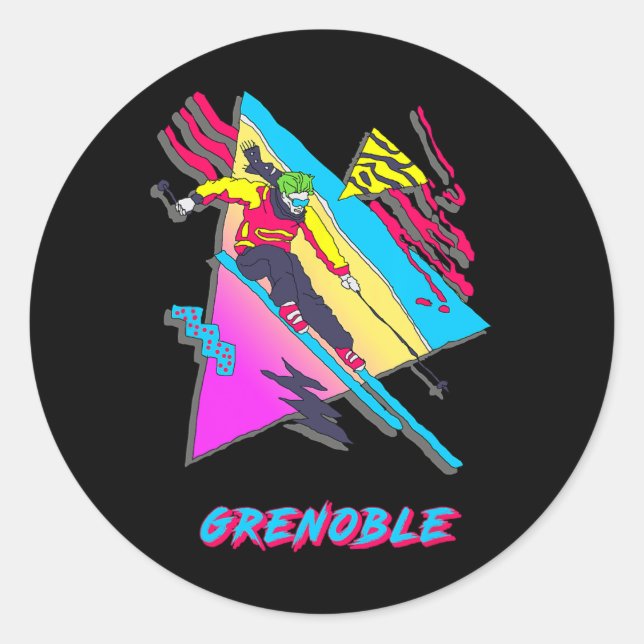 Vibrant Skiing Design Featuring Grenoble Text Ski  Classic Round Sticker (Front)