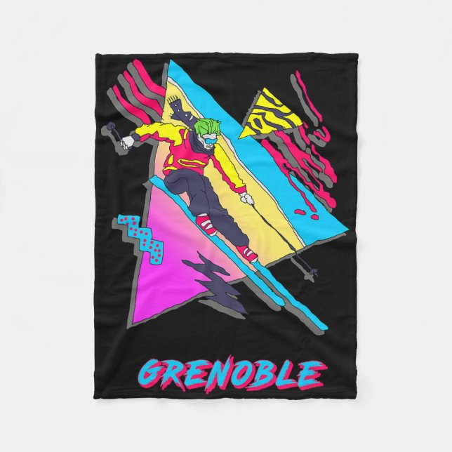 Vibrant Skiing Design Featuring Grenoble Text Ski  Fleece Blanket (Front)