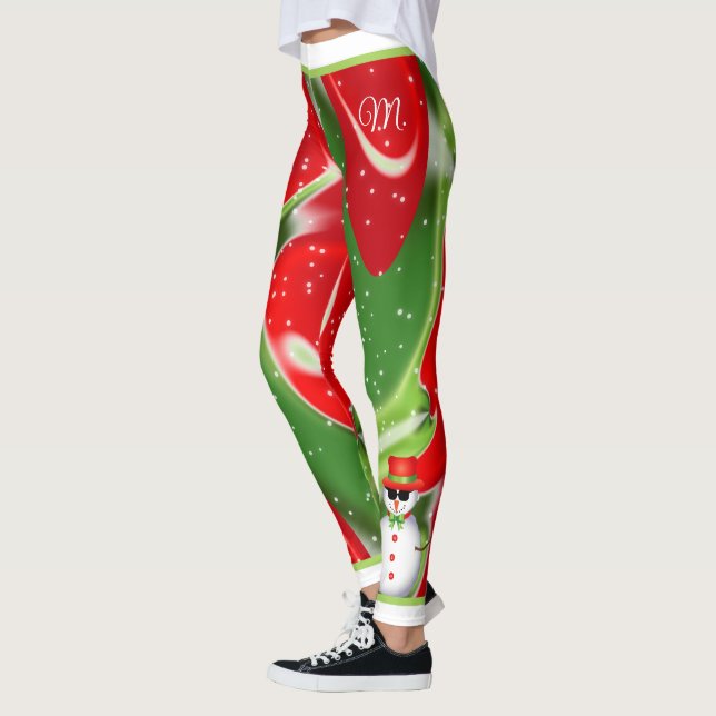 Vibrant Snowy Christmas with Snowman on Abstract Leggings (Left)