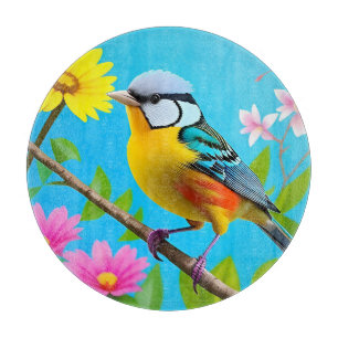 Vibrant Songbird Perched on a Flowering Branch Cutting Board