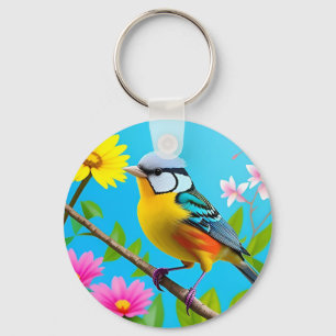 Vibrant Songbird Perched on a Flowering Branch Keychain